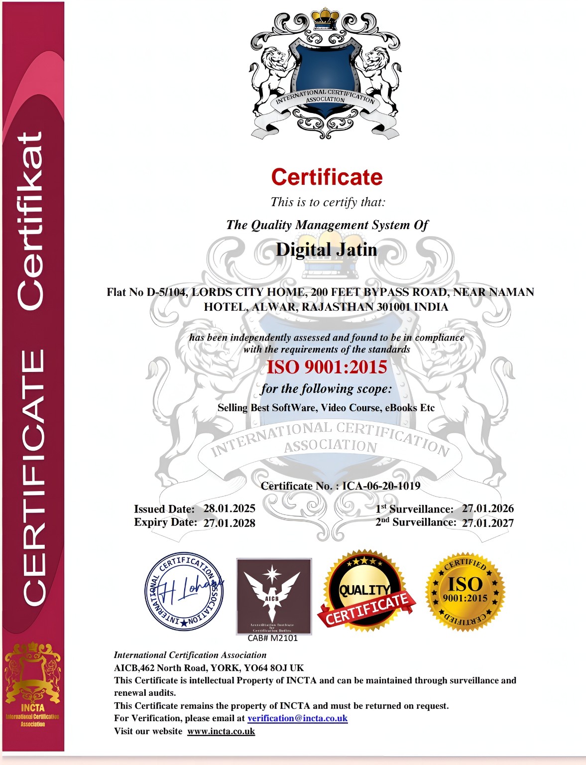 Digital Jatin ISO 9001:2015 certificate, certificate number ICA-06-20-1019, issued 28 January 2025, expiry 27 January 2028.