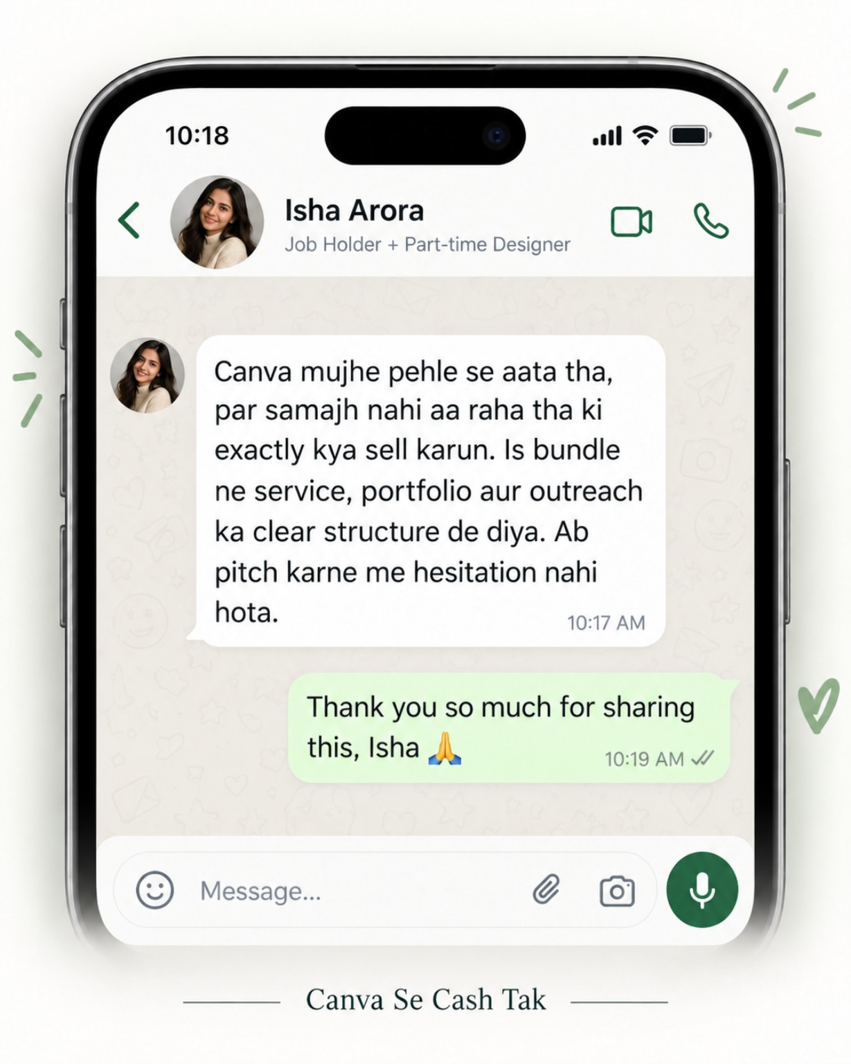Chat-style testimonial from Isha Arora, Job Holder + Part-time Designer: Canva mujhe pehle se aata tha, par samajh nahi aa raha tha ki exactly kya sell karun. Is bundle ne service, portfolio aur outreach ka clear structure de diya. Ab pitch karne me hesitation nahi hota.